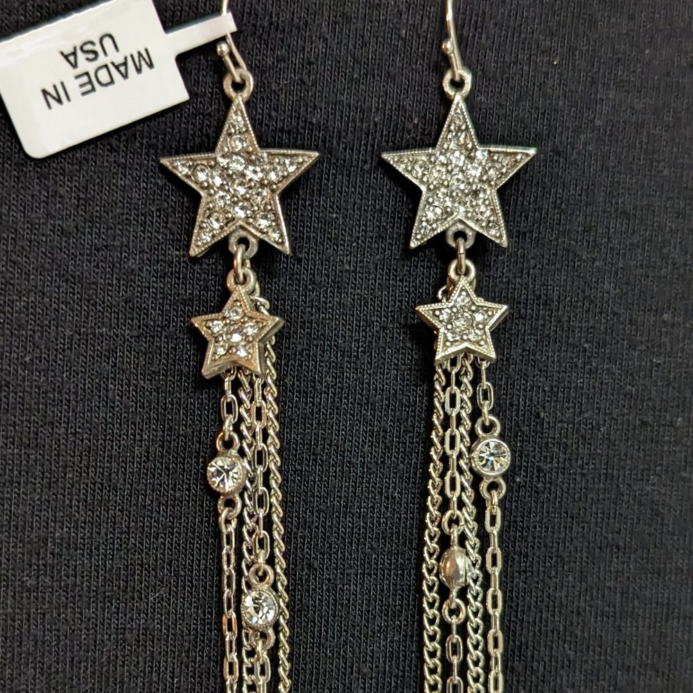 BEN AMUN JEWELRY Crystal Star Dangle Earrings in Silver Brand New NWT
